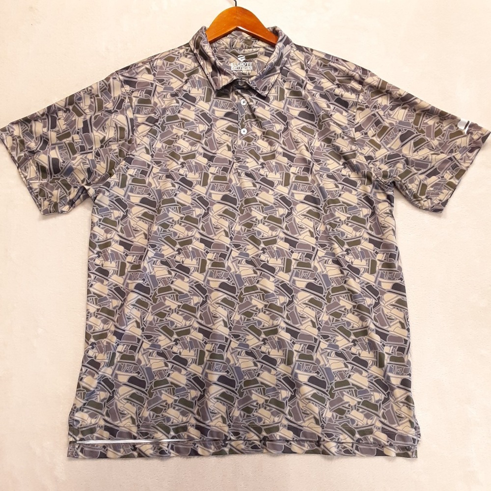 Elliott Collection Mens Rapid Dry Golf  Shirt Large Gray Green Fedora Hat Print